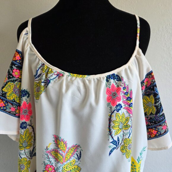 NEW Moon Collection Blouse Top Cold Shoulder Semi Sheer Artsy Floral Size XL - Picture 2 of 11
